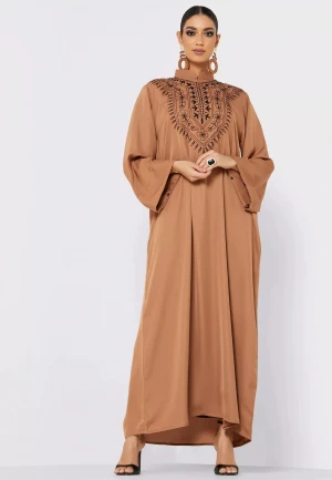 Oem Custom Islamic Dubai High Fashion Plus Size Mandarin Collar Long Sleeves Embroidery Plain Abaya Robe Dress For Muslim Women