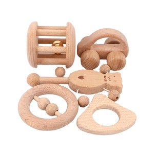 Organic beech Wood Montessori Teether Toys Set Infant Wooden rattles Interesting Toys 5pc Nursing Wooden Teether Rattles