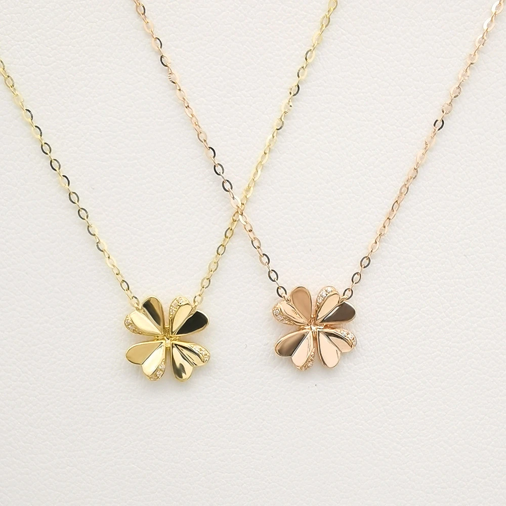 Personalized Initial Necklace With Four Leaf 18K Real Gold Chains Women Jewelry Solid Gold Jewelry 18 K Necklace