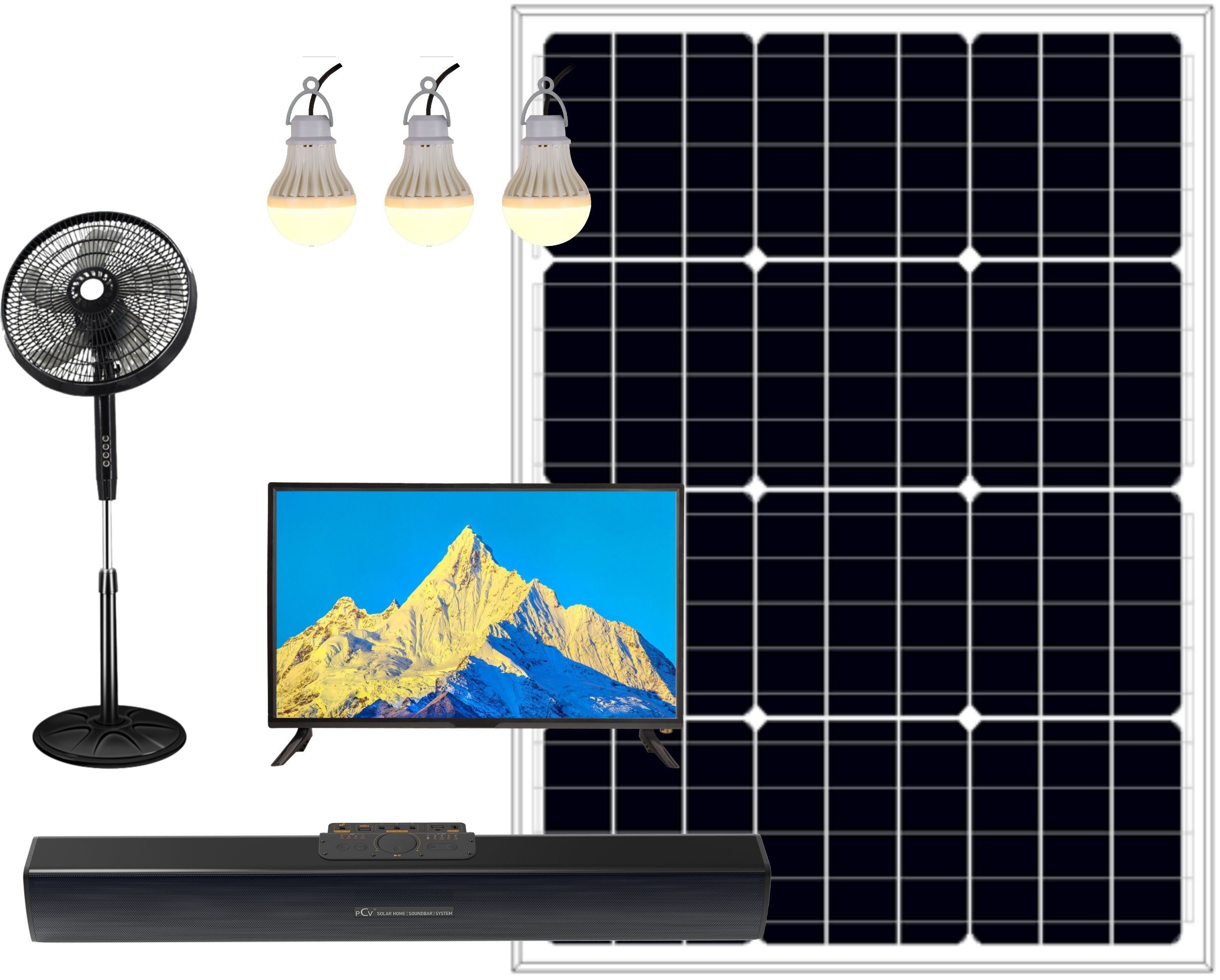 Rechargeable by Solar and AC Soundbar 22inch TV Fan Bulbs 25W Solar Panel for Solar Home System