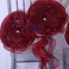 SH091A hot sale elegant fancy wedding decoration wine organza burgundy chair flower with crytsal and curly willow sash
