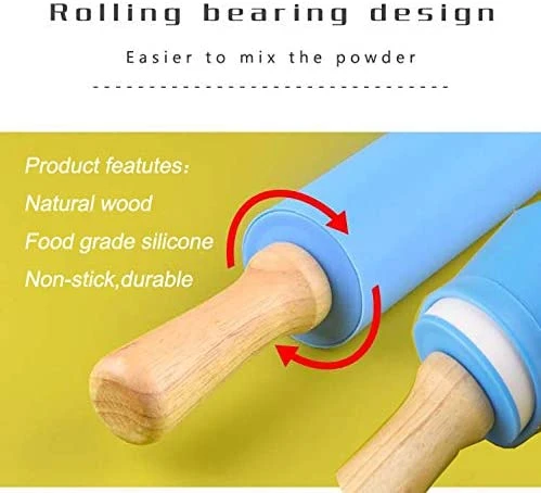 Silicone Rolling Pin Non stick Surface Wooden Handle Large and Children Mini Silicone Dough Rollers