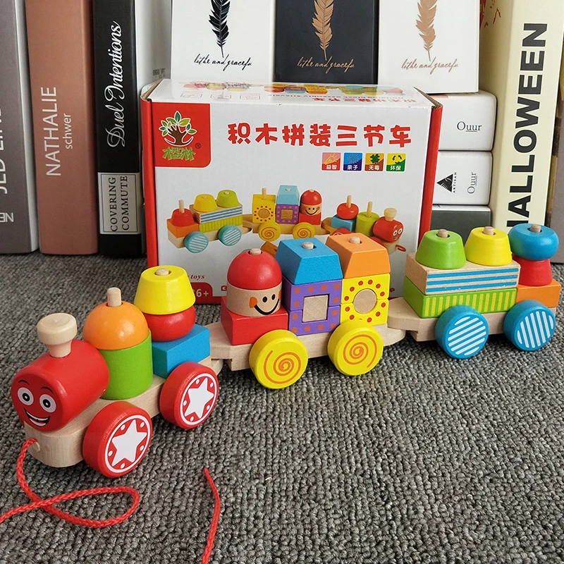 Small Wooden Train And Dragging Three Carriage Geometric Shape Matching Early Childhood Educational Diecasts Toy Vehicles