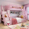 Solid Wood Romantic Pink White Princess Kids Bunk Beds Bedroom Furniture Set