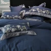 Stocked lot high end home textile blue queen size quilt cover embroidered white flower bedding set luxury