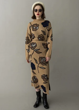 Stylish sweater skirt set custom luxury design winter fall vintage flower jacquard print slim knit bodycon jumper dress suit