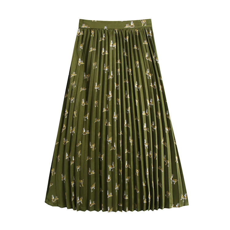 Summer Clothes 2021 Casual ArmyGreen Print High Waist A-Line Pleated Long Skirt Women