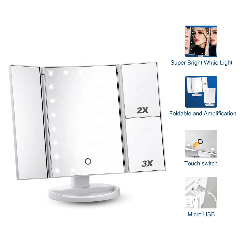 Three tri fold makeup desktop make up led vanity lighted mirror 1x 2x 3x Magnification, Touch Screen Switch