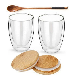 Wholesale Double Wall Glass Tea Cup Set Reusable Glass Coffee Mugs, Glass Mug With Bamboo Lid For Tea Drinking