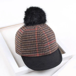 Wholesale factory top sale 2017 baby plaid baseball woolen caps hats with pom pom