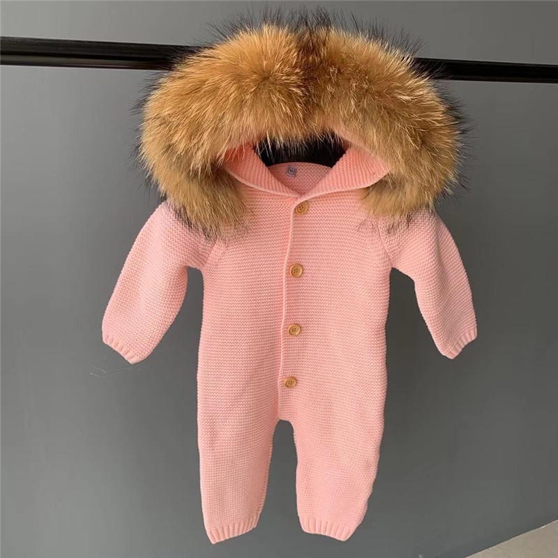 Wholesale Kids Winter Romper Boys Girls Knitted Jumpsuit Real Fur Collar Infant Baby Knitted Romper