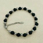 Wholesale Men Women Jewelry 6mm Volcanic Rock Black  Stainless Steel Beadeds Charm Bracelet