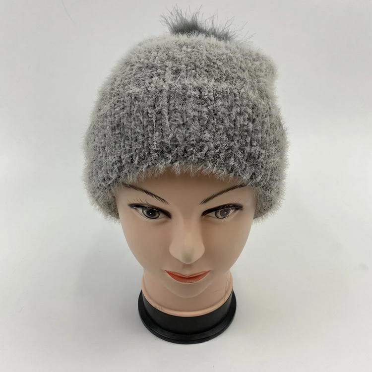 Winter Warm Cashmere Hat Beanie Cute Hemming Grey Marle Pompom Woolly Knit Cap Knitted Hats
