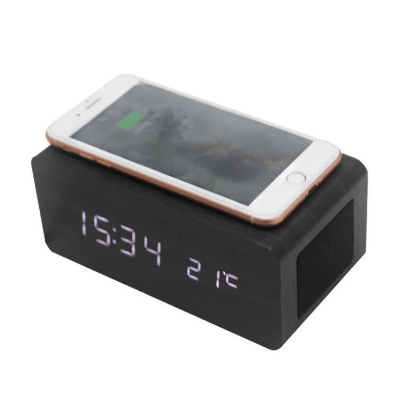 Wireless Charger Bluetooth Speaker LEDl Clock with Sound Control and Temperature Display Wooden Alarm  Digital Clock
