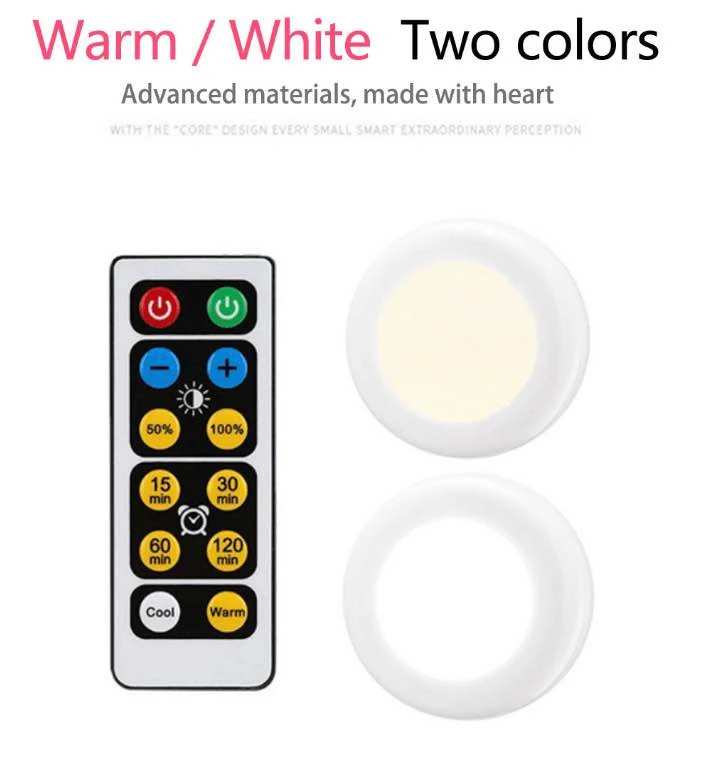 Wireless LED Under Cabinet Lights with IF Remote led pat light , 3 colors warm, white, cold white LED Puck Lights