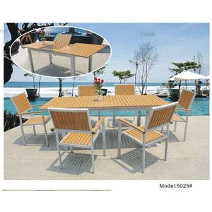 Yizhou outdoor Solid metal brushed aluminum dining Furniture Garden Patio teak wood dining table Set outdoor table and chairs