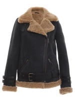 Women's Shearling Belted Biker Jacket, Anthracite Suede with Ginger Curly Wool