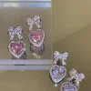 Romantic Chic Pink Diamond Crystal Heart Dangle Earrings Pink