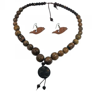 Wooden Brown Beaded Necklace Earrings Set