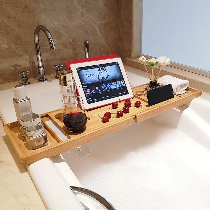 100% natural shower storage bamboo bathtub tray extend bath tub rack organizer with Soap holder book stand