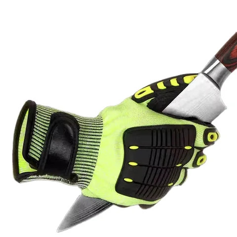 13 Gauged Fluorescent Green Polyester Knitted Sandy Nitrile Palm Coated Strengthen Reinforce Thumb Anti-impact Safety Glove