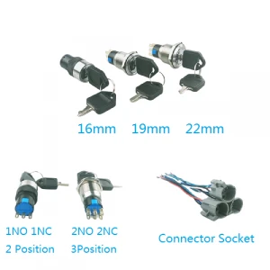 16MM 19MM 22MM 3 Position DPDT 6 Pin key switch with connector socket  latching Waterproof Lock Rotary Metal Key Switch