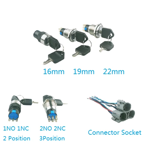 16MM 19MM 22MM 3 Position DPDT 6 Pin key switch with connector socket  latching Waterproof Lock Rotary Metal Key Switch