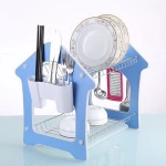 2 Tier Wire Metal Wooden Pull out Kitchen Storage with Drainboard and Cutlery Cup Chrome Dish Drainer Rack with Tray