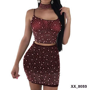 2019 Wholesale two piece set women clothing beaded club dress sexy 2 piece mini skirt and crop top set outfit