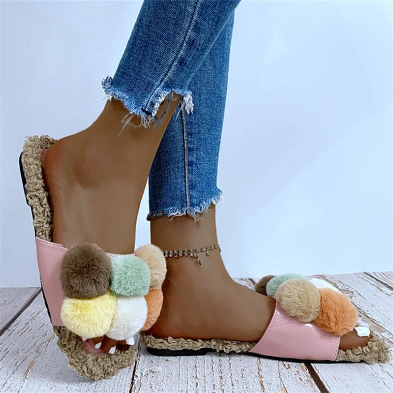 2021 wholesale rainbow womens slides fake fur ball pu slides cute candy color fur hot sale ladies slipper