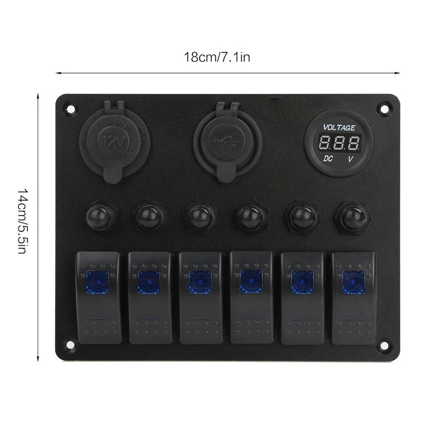 6 way waterproof rocker switch panel with digital voltmeter+fuse+dual USB power charger+5 pin led for Marine Boat Car Rv Truck