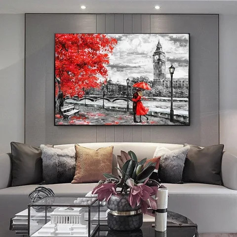 Abstract Street Landscape Canvas Oil Painting Wall Art Posters Prints Lovers Under the Red Umbrella Pictures Home Decor
