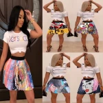 AI75-7145  2021 New Arrivals Clothing Women Summer High Waist Patchwork Hit Color Cartoon Printed Pleated Skirt Mini Women Skirt