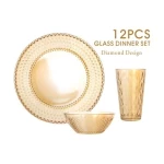Amber Diamond Design 12Pcs Dinnerware Sets Water Juice Cup Glass Charger Plate Dessert Glass Bowl Dinner Plates Set