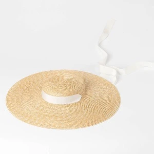 B107 New Casual Natural Women Ladies Wide Brim Summer Sun Beach Wheat Straw Hat Ribbon Boater Flat Top Straw Hats with Ribbon