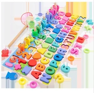 Baby Montessori Math Toys Kids Educational Wooden Toys 5 in 1 Fishing Count Numbers Matching Digital Shape Board Puzzle Toy