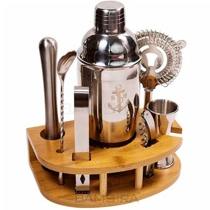 Best quality 9-Piece Bartender Kit Barware Cocktail Shaker Set with Bamboo Stand