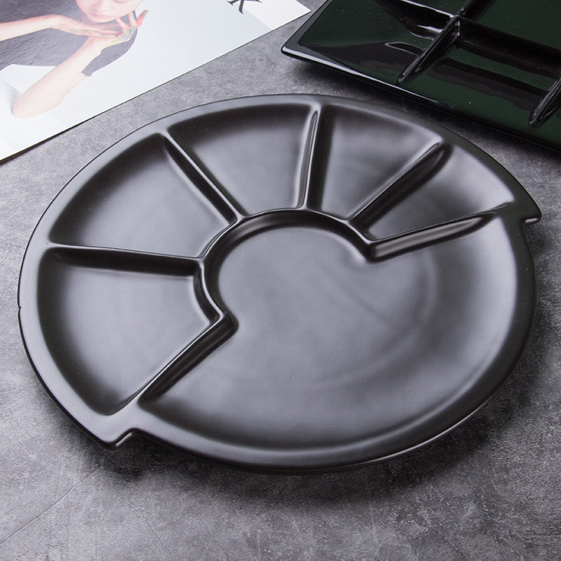 Buy Black Matt Porcelain Plates 6 Sections Divided Dinner Serving Tray