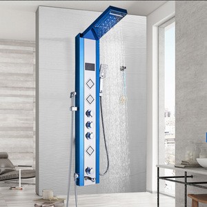 Blue Chrome Shower Panel LED Light Digital Temperature Screen Waterfall Rainfall Shower Mixer Faucet with Bidet Sprayer Head