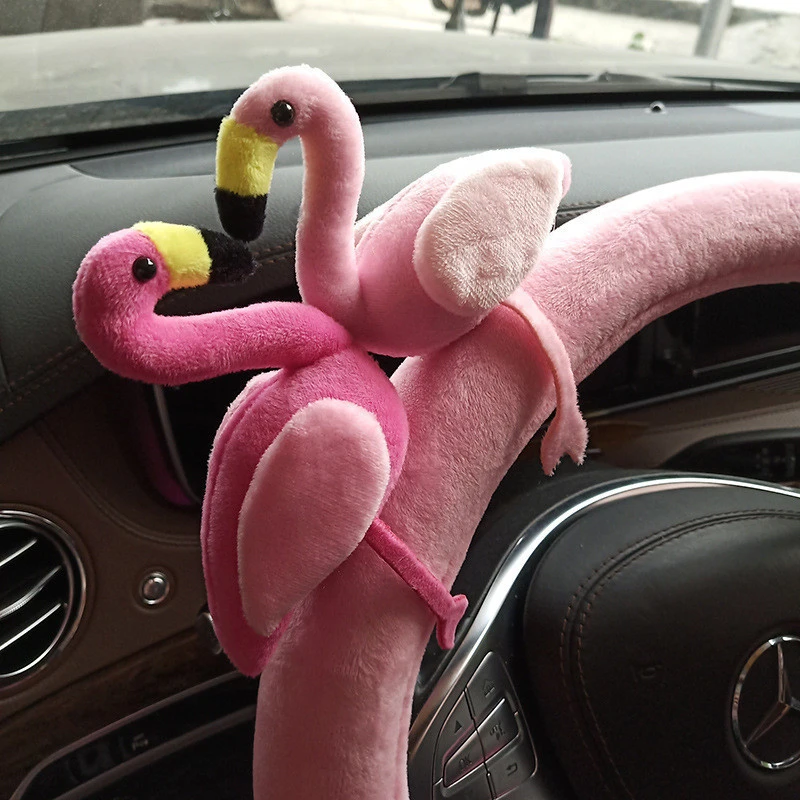 Car fur seat cover set cute doll velvet steering wheel ladies winter cute Flamingo series seat belt cover sets