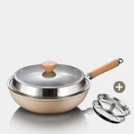 Chinese Double Handle Preseasoned Cast Iron Wok with Wooden Cover Kitchen Metal Glass Logo