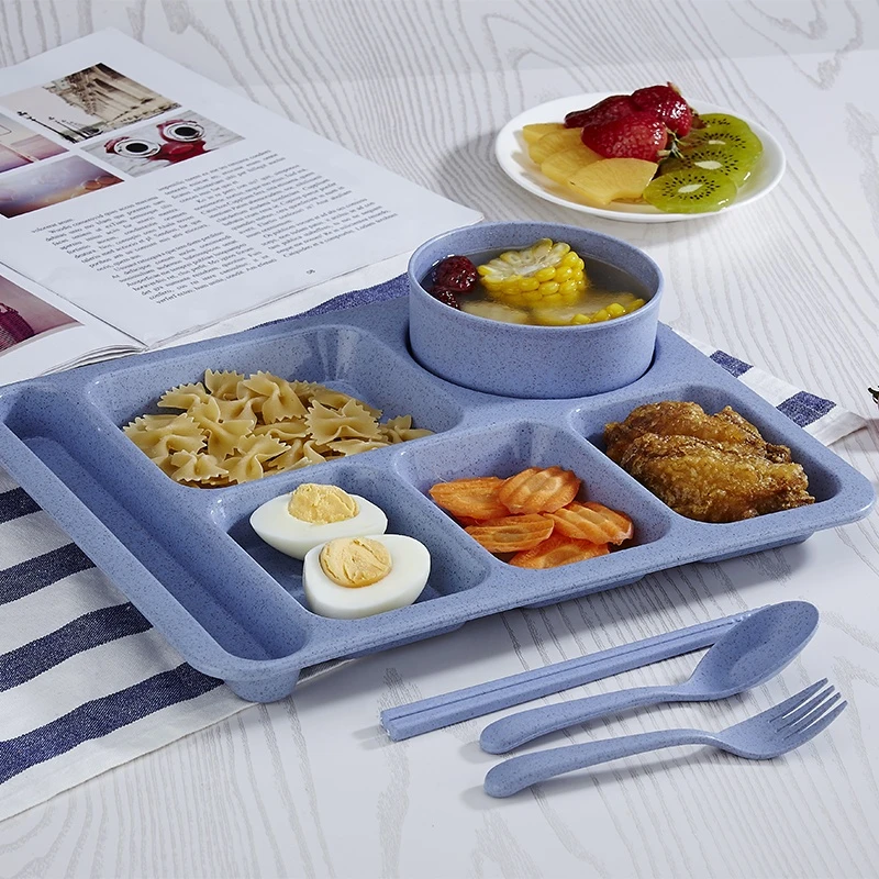 Colorful Wheat Straw Divided Plastic Plates with Soup Bowl Cutlery Set