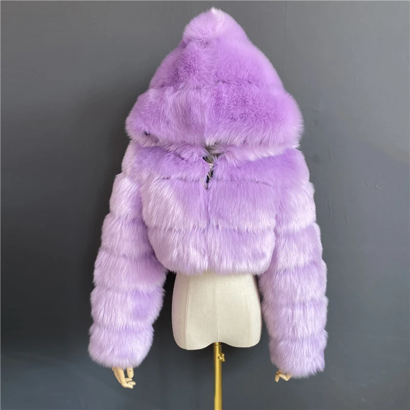 Custom Luxury Warm Cropped Winter Short Style Women Faux Fur Suit Coat With Hood