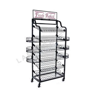 customised bakery display stand rack shelf/metal wire supermarket display/6 shelf metal wheels stand for bread