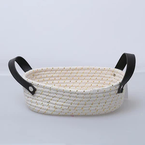 Customized Cotton Rope Storage Gift Baby Fabric Laundry Baskets Kitchen Baskets With Leather Handles