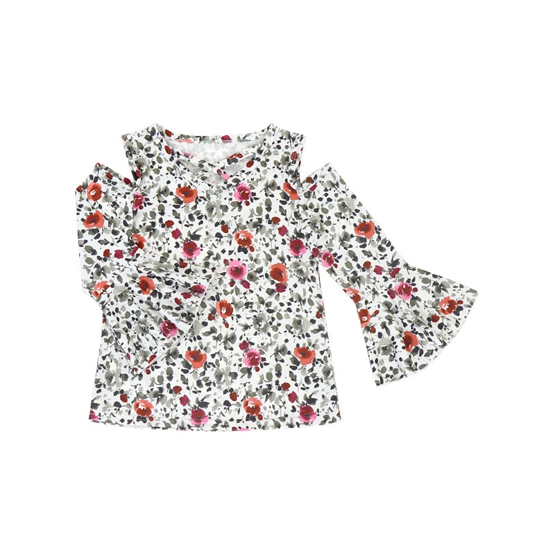 Cute custom floral print toddlers infants baby cold shoulder sweat shirt tops for little girls bell sleeve style fashion clothes