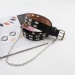 Double grommet eyelets PU leather belt punk chic style women belt with chain