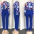 Import European and American printing two piece set blue color  long sleeve top button belt pencil pants summer women wear from China