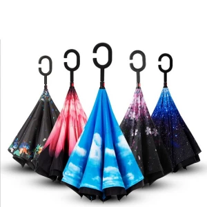 Fashion Double layer waterproof percussion cloth umbrella car parasol colorful C type reverse umbrella