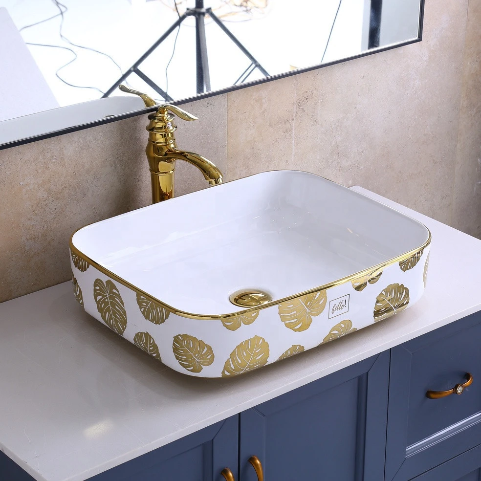 Fashion gold electroplated new model elegant art gold basin ceramic bathroom sink